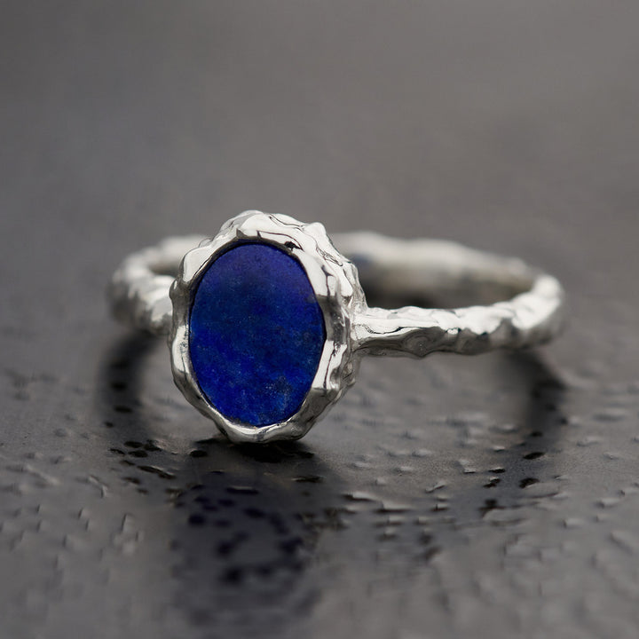 Lapis Sterling Silver Oval Hammered Finish Ring