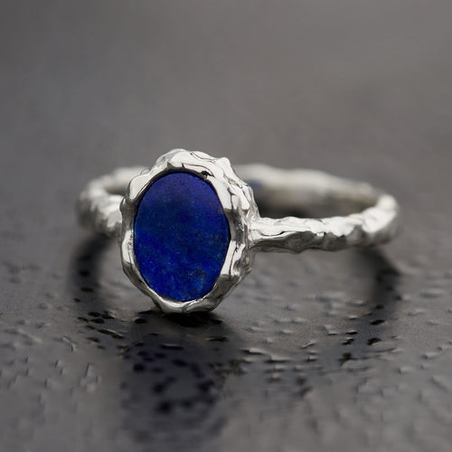Lapis Sterling Silver Oval Hammered Finish Ring