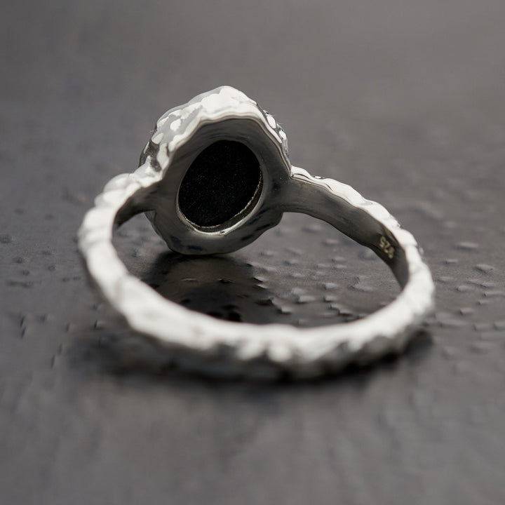 Black Onyx Sterling Silver Oval Hammered Finish Ring