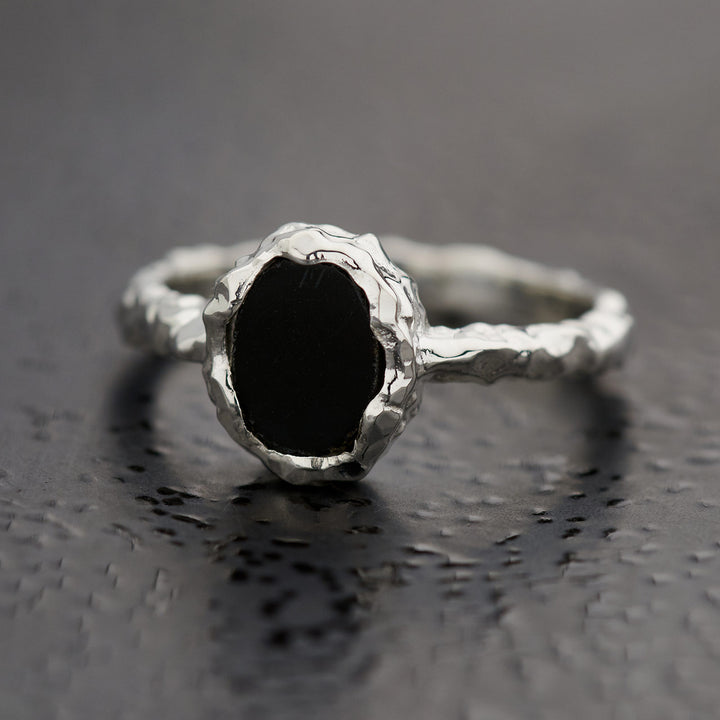 Black Onyx Sterling Silver Oval Hammered Finish Ring