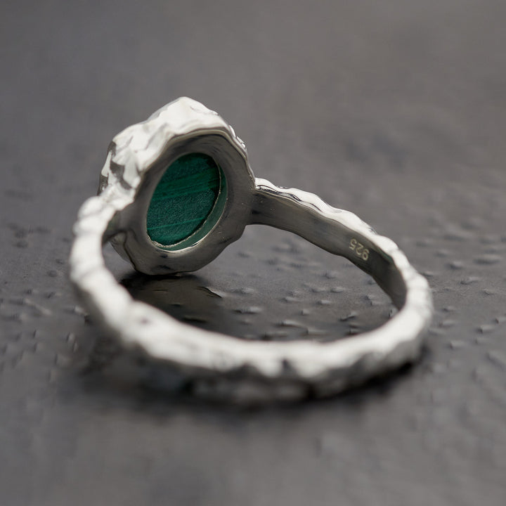 Malachite Sterling Silver Oval Hammered Finish Ring