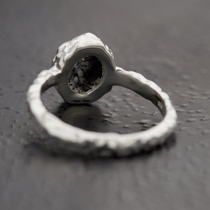 Black Rutile Sterling Silver Oval Hammered Finish Ring