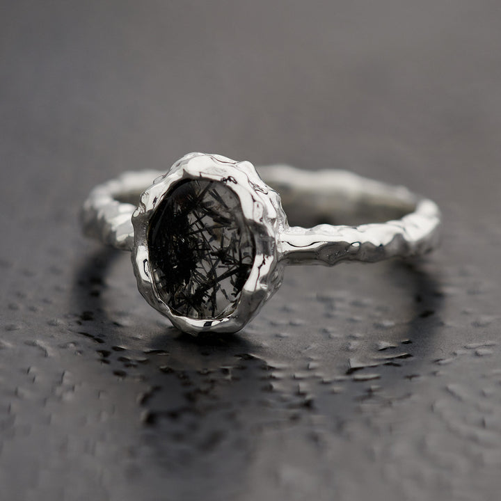 Black Rutile Sterling Silver Oval Hammered Finish Ring