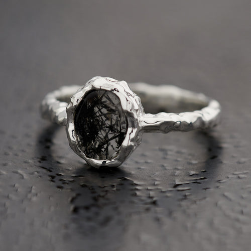 Black Rutile Sterling Silver Oval Hammered Finish Ring