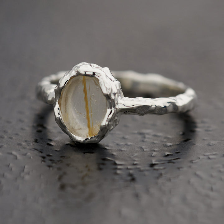 Golden Rutile Sterling Silver Oval Hammered Finish Ring