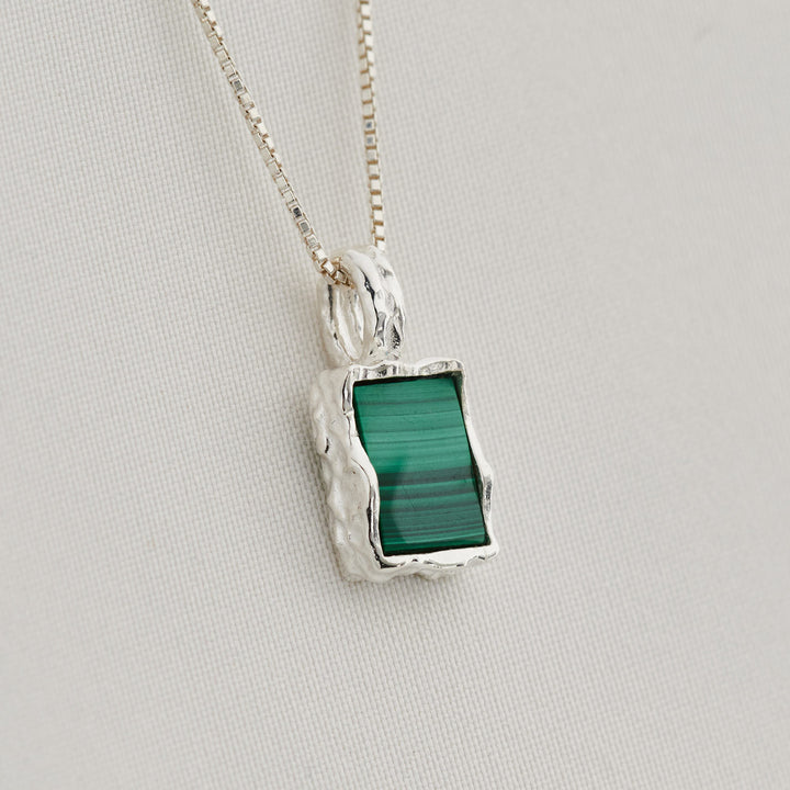 Malachite Sterling Silver Rectangle Hammered Finish Pendant