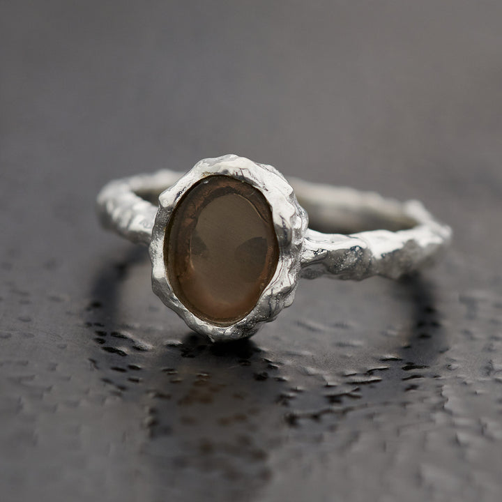 Smoky Quartz Sterling Silver Oval Hammered Finish Ring