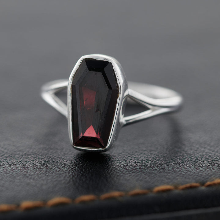 Garnet Sterling Silver Coffin Ring
