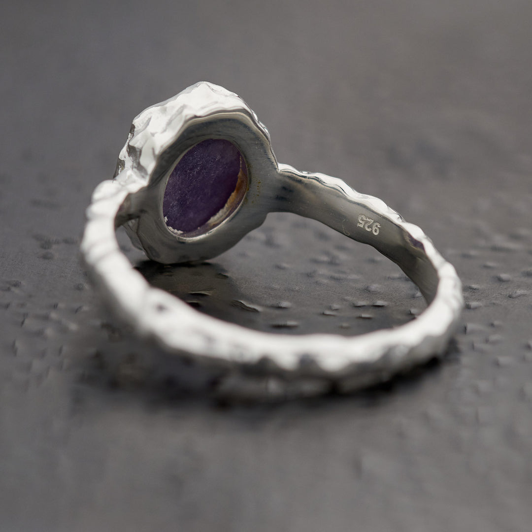 Lepidolite Sterling Silver Oval Hammered Finish Ring