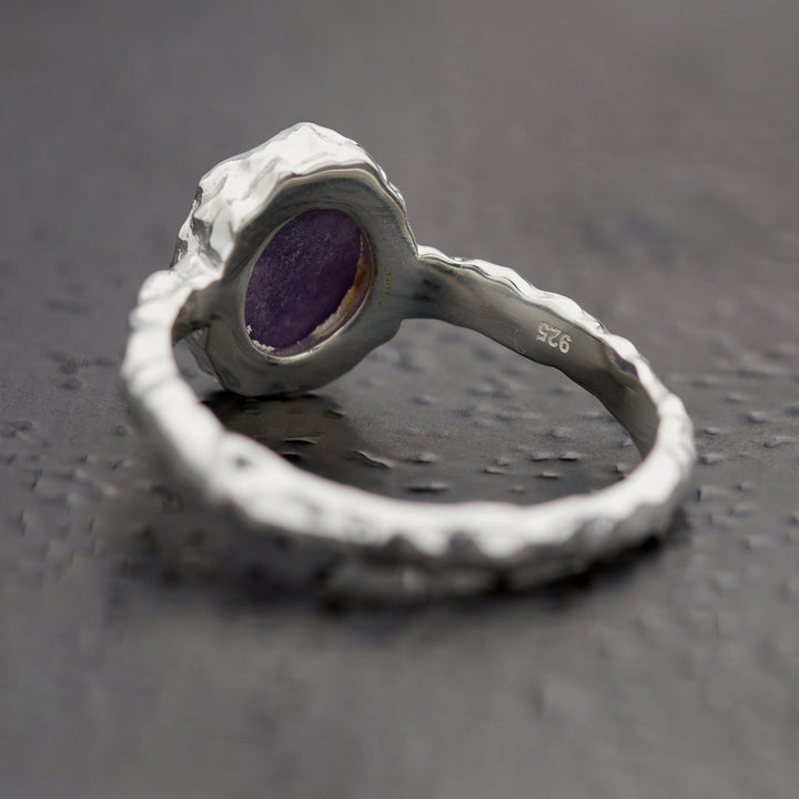 Lepidolite Sterling Silver Oval Hammered Finish Ring