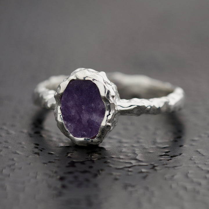 Lepidolite Sterling Silver Oval Hammered Finish Ring