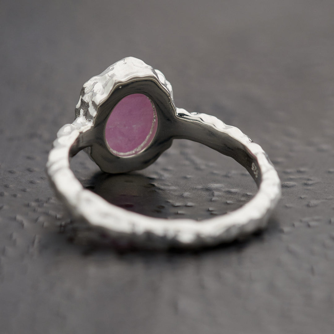 Pink Lepidolite Sterling Silver Oval Hammered Finish Ring