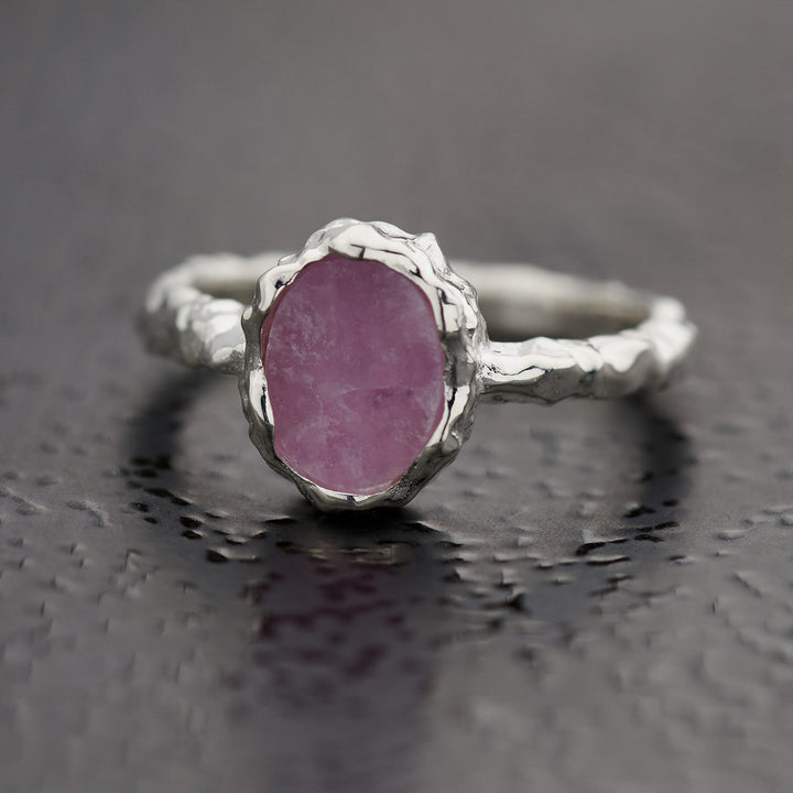 Pink Lepidolite Sterling Silver Oval Hammered Finish Ring