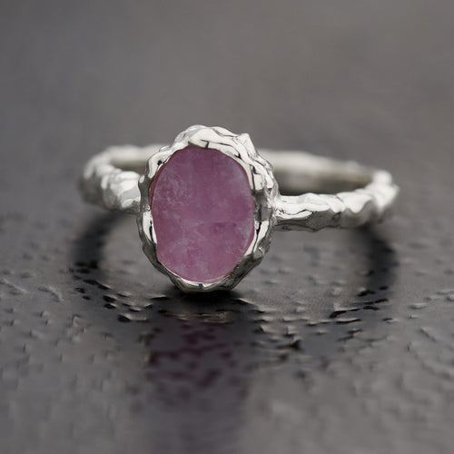 Pink Lepidolite Sterling Silver Oval Hammered Finish Ring