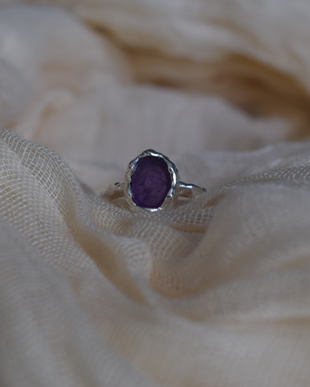Amethyst Sterling Silver Oval Hammered Finish Ring