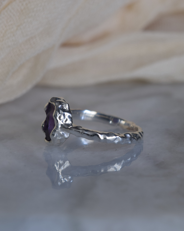 Amethyst Sterling Silver Oval Hammered Finish Ring
