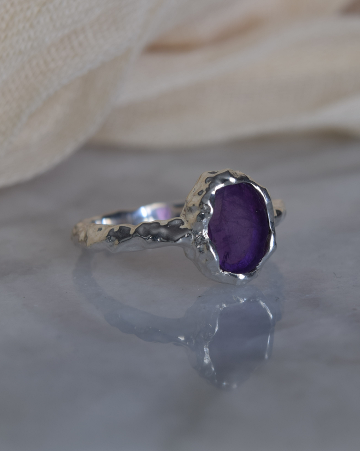 Amethyst Sterling Silver Oval Hammered Finish Ring