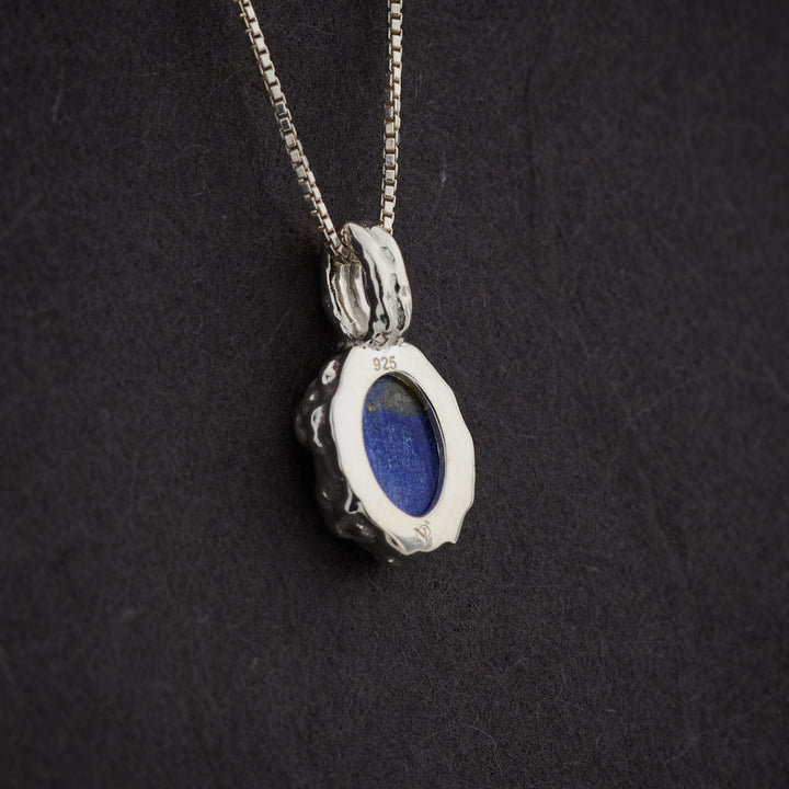 Lapis Sterling Silver Oval Hammered Finish Pendant