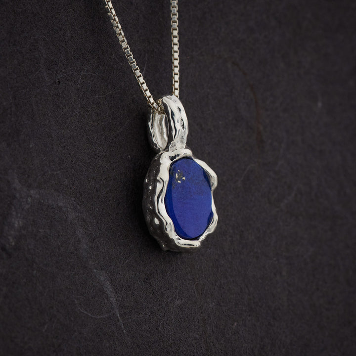 Lapis Sterling Silver Oval Hammered Finish Pendant