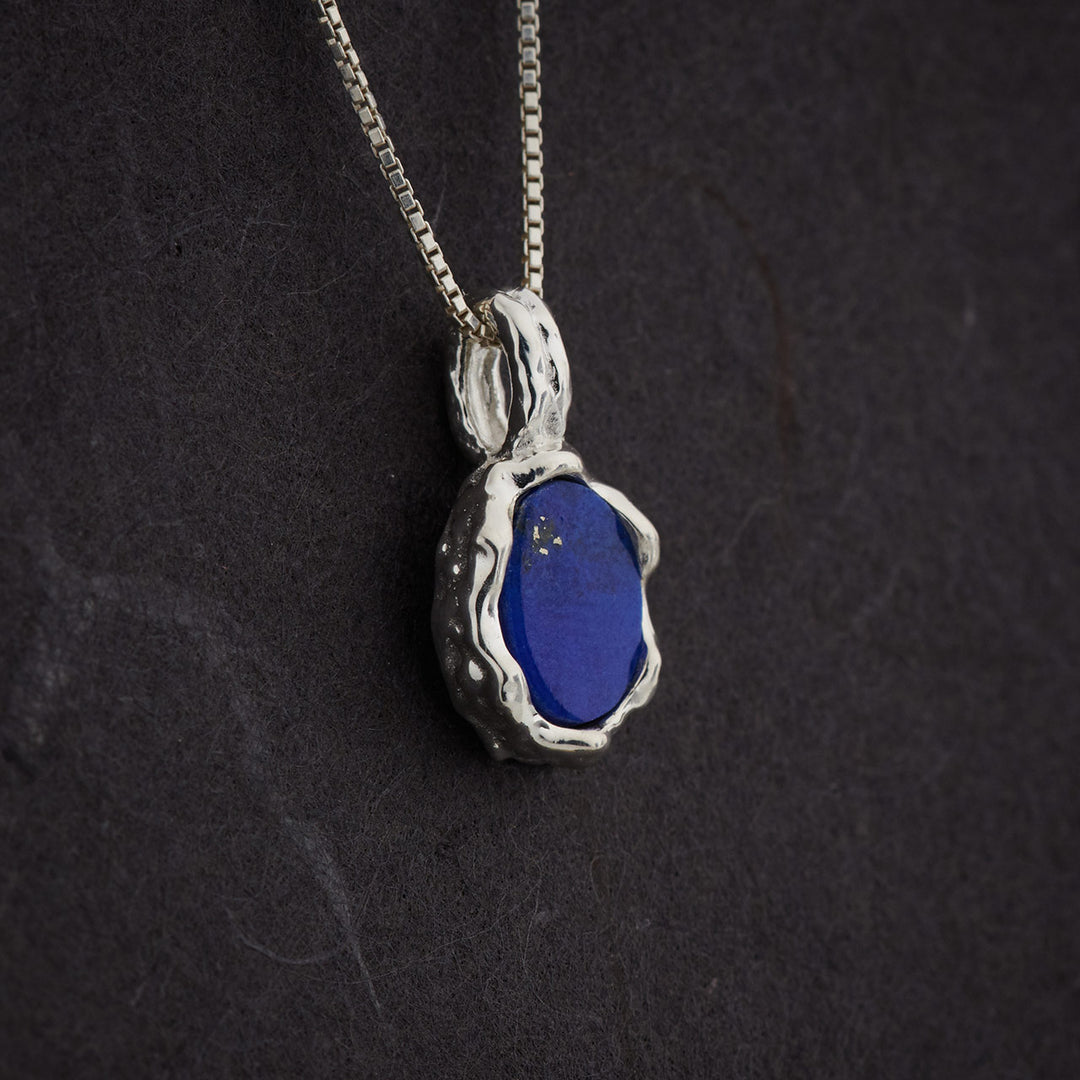 Lapis Sterling Silver Oval Hammered Finish Pendant