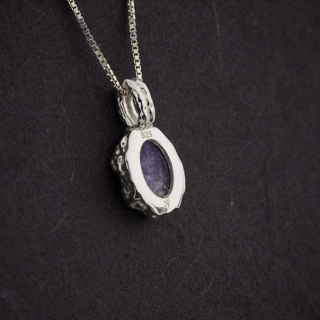 Lepidolite Sterling Silver Oval Hammered Finish Pendant