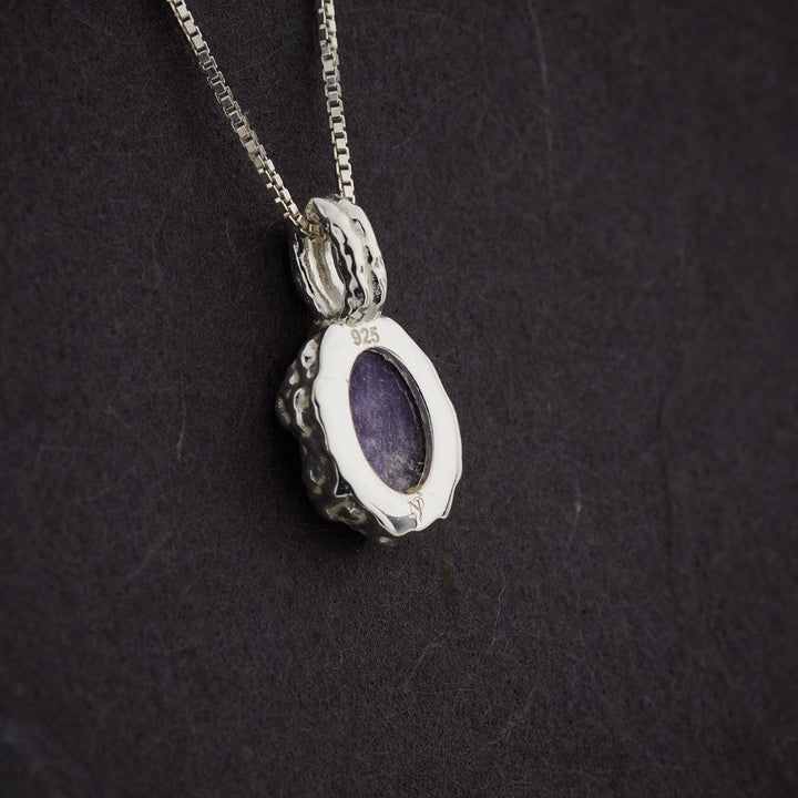 Lepidolite Sterling Silver Oval Hammered Finish Pendant