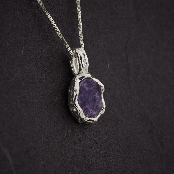 Lepidolite Sterling Silver Oval Hammered Finish Pendant