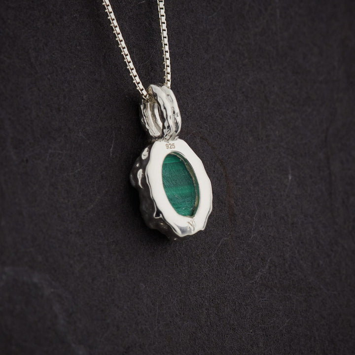 Malachite Sterling Silver Oval Hammered Finish Pendant