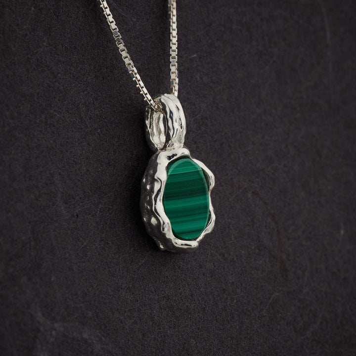 Malachite Sterling Silver Oval Hammered Finish Pendant