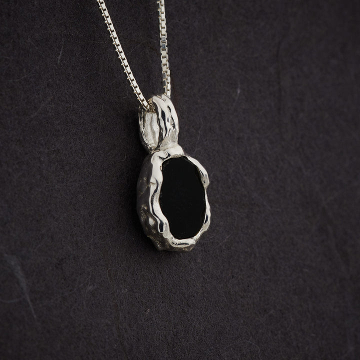 Black Onyx Sterling Silver Oval Hammered Finish Pendant