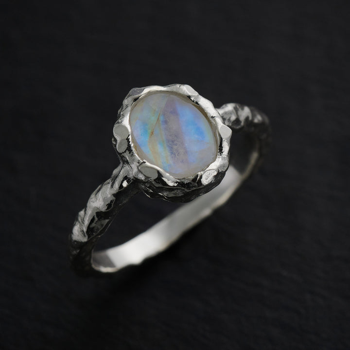 Moonstone Sterling Silver Hammered Oval Ring