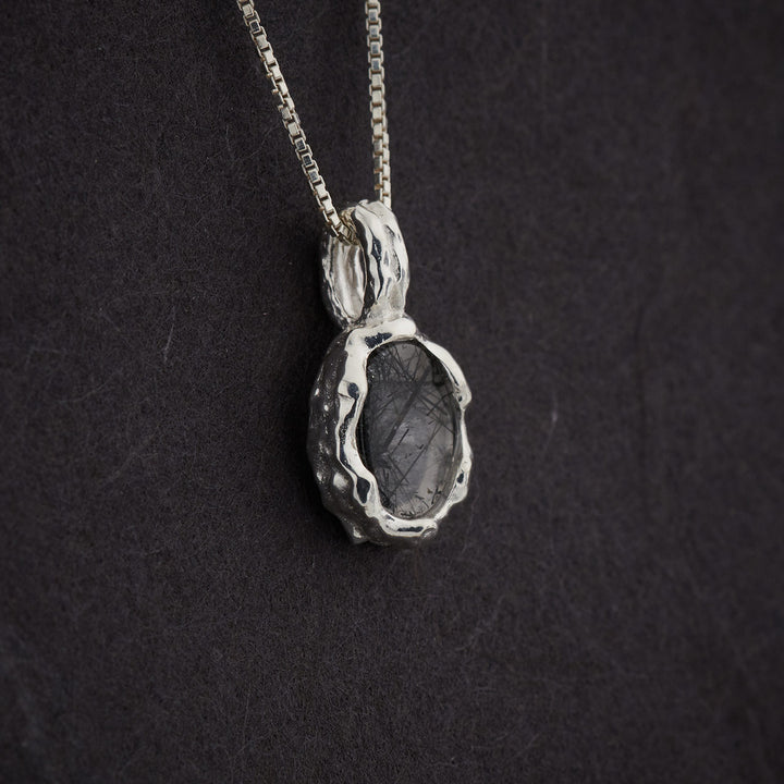 Black Rutile Sterling Silver Oval Hammered Finish Pendant