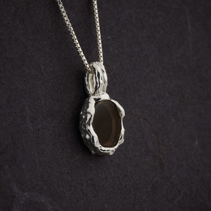 Smoky Quartz Sterling Silver Oval Hammered Finish Pendant