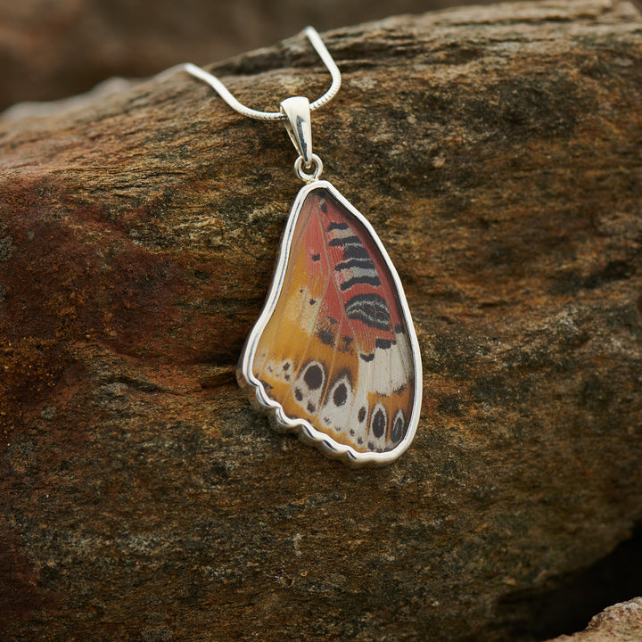Leopard Lacewing butterfly wing pendant in fine silver