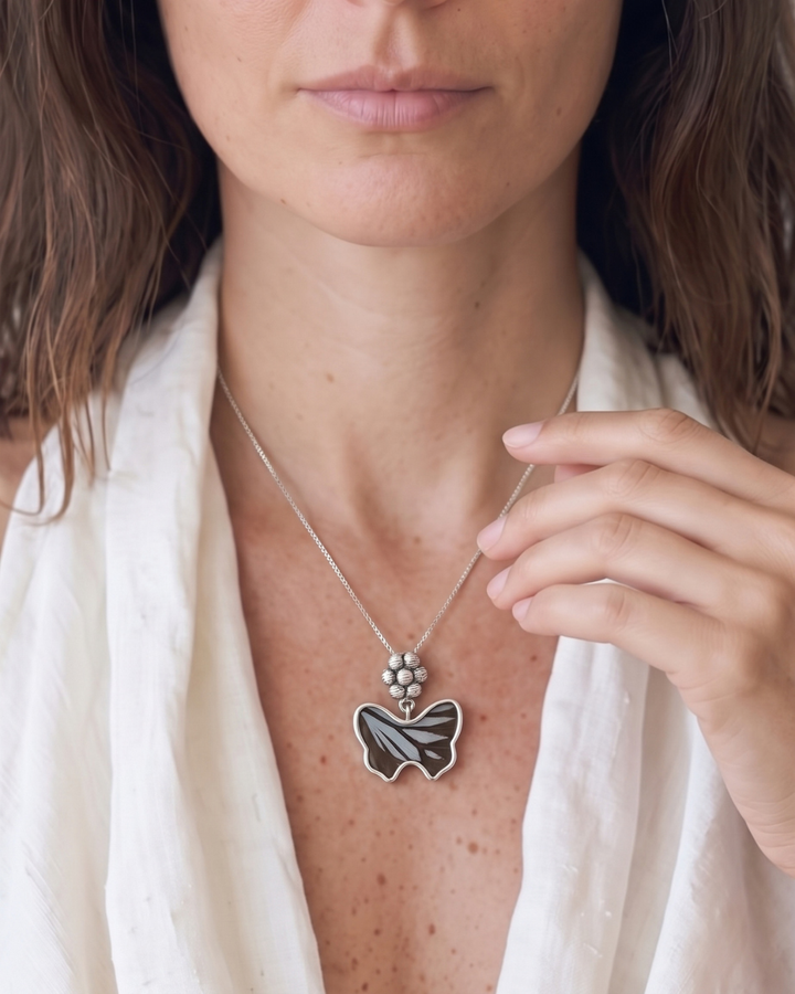 Blue Wanderer Fine Silver Small Flower Butterfly Pendant
