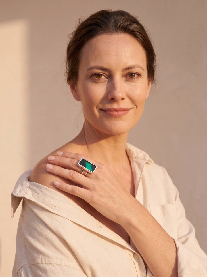 Green Banded Swallowtail Fine Silver Rectangle Ring