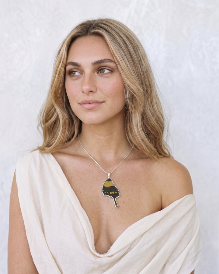 King Swallowtail Butterfly Wing Fine Silver Pendant
