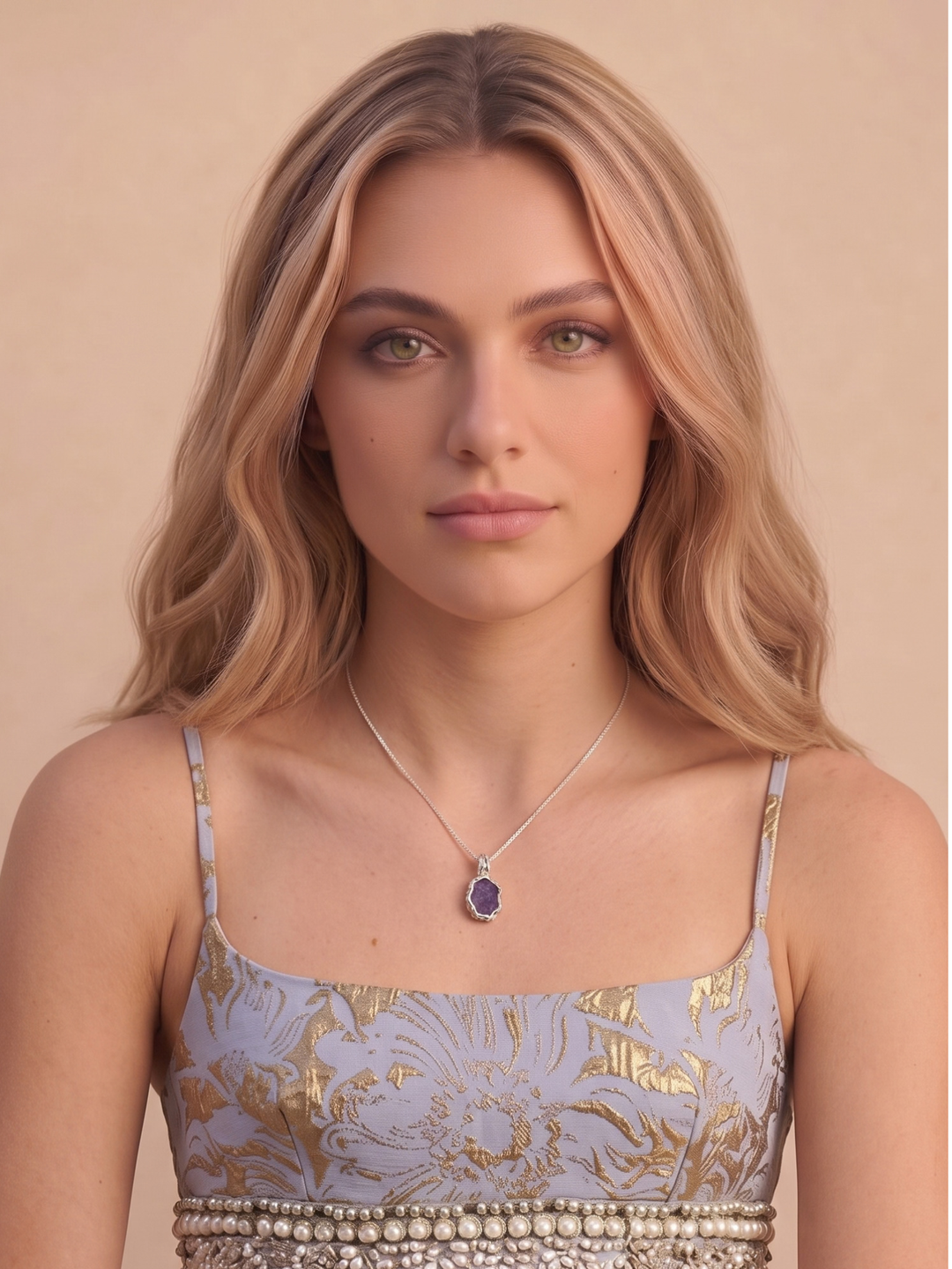 Lepidolite Sterling Silver Oval Hammered Finish Pendant