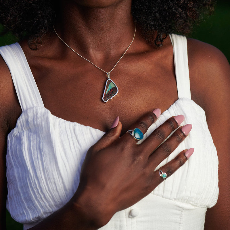 Blue Bottle butterfly wing pendant in fine silver
