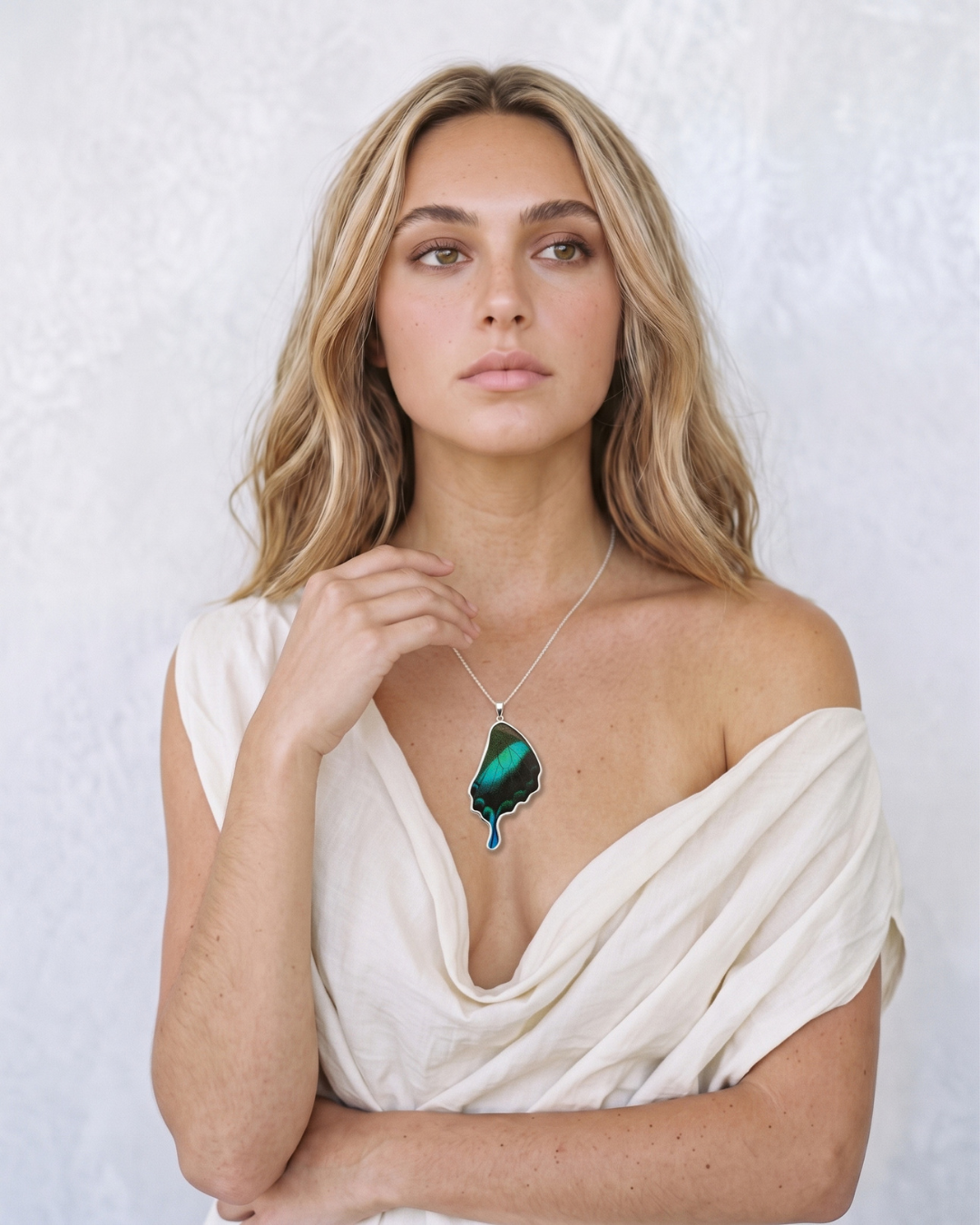 Green Banded Swallowtail Butterfly Wing Fine Silver Pendant